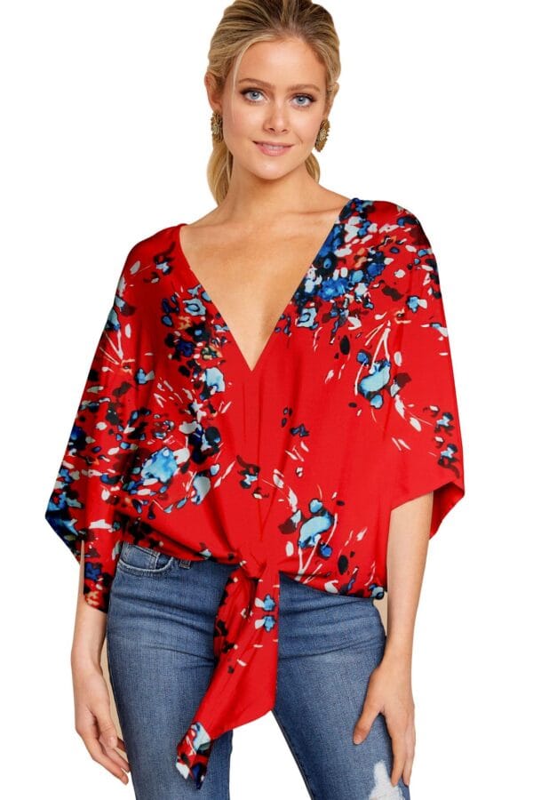 New V Neck Blouse Women Leopard Print Shirts Floral Tie Front Blouses Batwing Summer Oversize Ladies Tops - Image 5