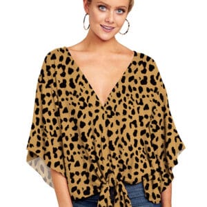 New V Neck Blouse Women Leopard Print Shirts Floral Tie Front Blouses Batwing Summer Oversize Ladies Tops