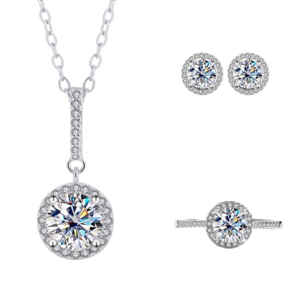 S925 Sterling Silver Moissanite Round Bag Three-piece Female Ring Necklace - Image 4