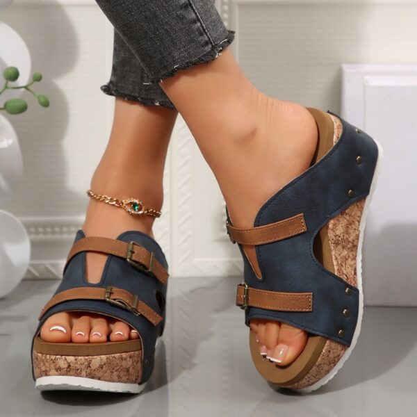 Ins Buckle Wedges Sandals Summer Fish Mouth Thick High Heel Slides Slippers Outdoor Fashion Beach Roman Shoes For Women - Image 3