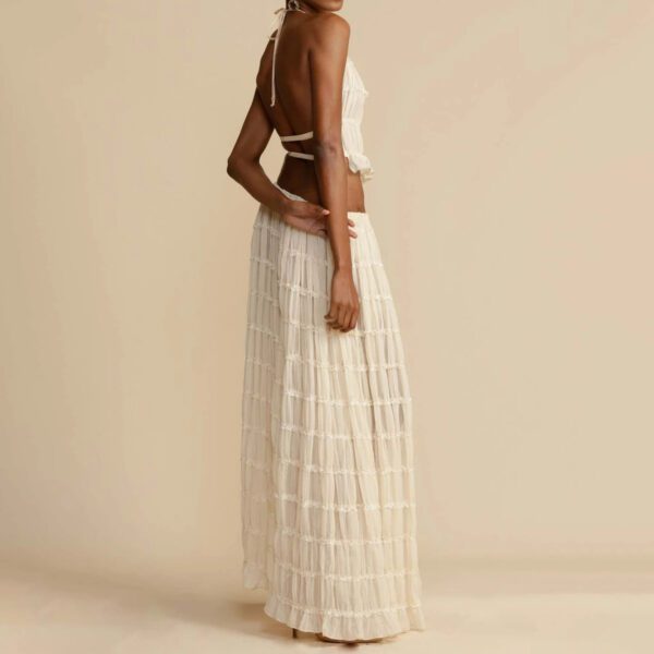 2pcs Women's Dress Suit Sexy Sleeveless Backless Cropped Halter Top And Pleated Long Skirt Beach Clothing - Image 3