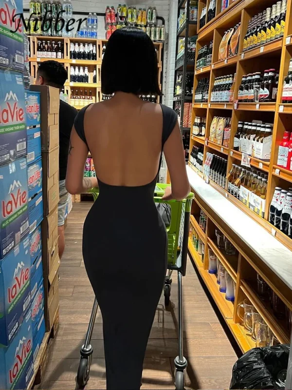Nibber Solid Sexy Backless Maxi Dress Women Elegant Elastic Slim Short Sleeve Long dresses Female Bodycon Streetwear Clothing - Image 4