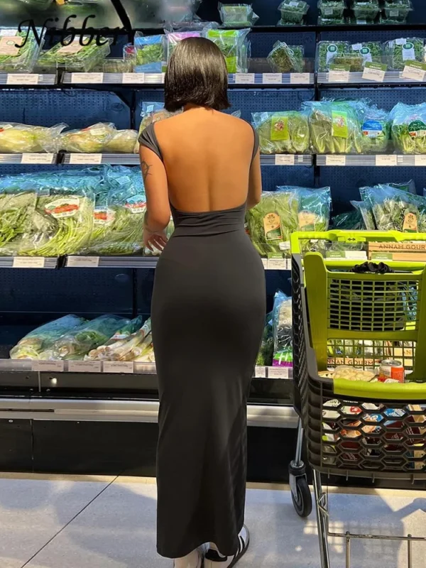 Nibber Solid Sexy Backless Maxi Dress Women Elegant Elastic Slim Short Sleeve Long dresses Female Bodycon Streetwear Clothing - Image 6