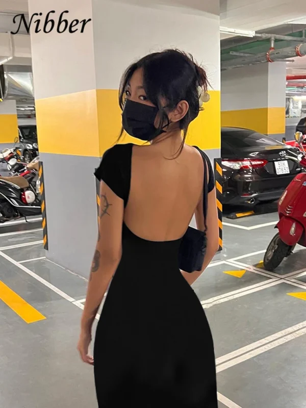 Nibber Solid Sexy Backless Maxi Dress Women Elegant Elastic Slim Short Sleeve Long dresses Female Bodycon Streetwear Clothing - Image 2