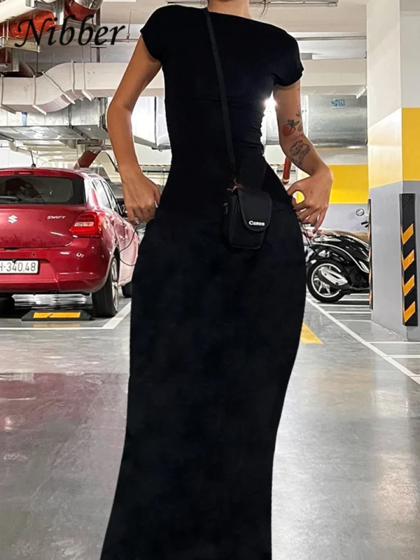 Nibber Solid Sexy Backless Maxi Dress Women Elegant Elastic Slim Short Sleeve Long dresses Female Bodycon Streetwear Clothing - Image 3