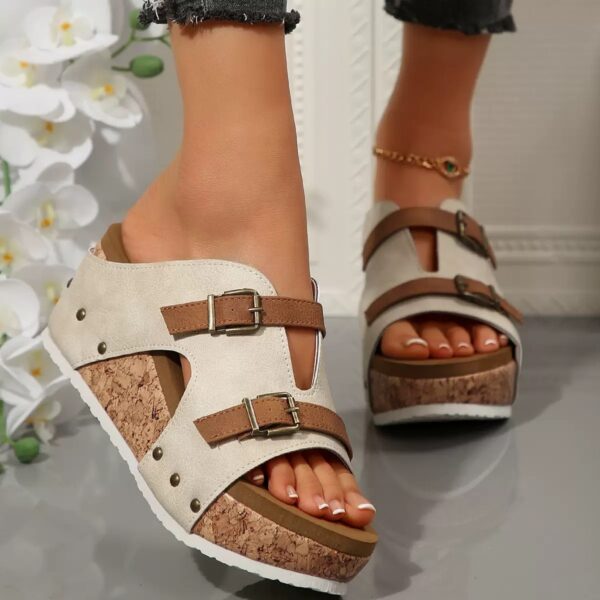 Ins Buckle Wedges Sandals Summer Fish Mouth Thick High Heel Slides Slippers Outdoor Fashion Beach Roman Shoes For Women - Image 4