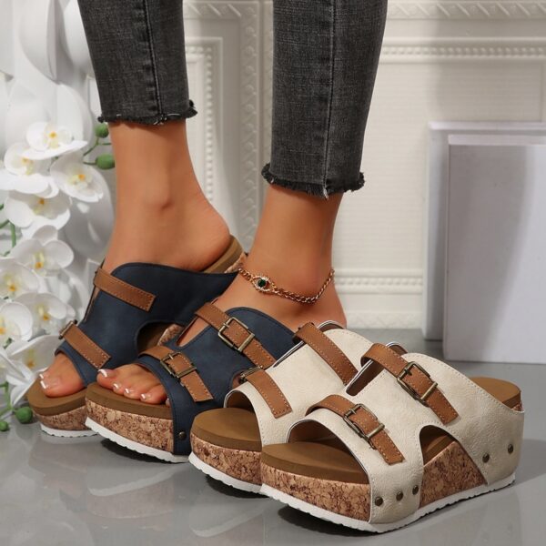 Ins Buckle Wedges Sandals Summer Fish Mouth Thick High Heel Slides Slippers Outdoor Fashion Beach Roman Shoes For Women - Image 2