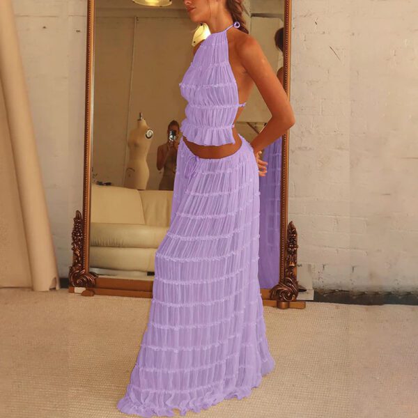 2pcs Women's Dress Suit Sexy Sleeveless Backless Cropped Halter Top And Pleated Long Skirt Beach Clothing - Image 10