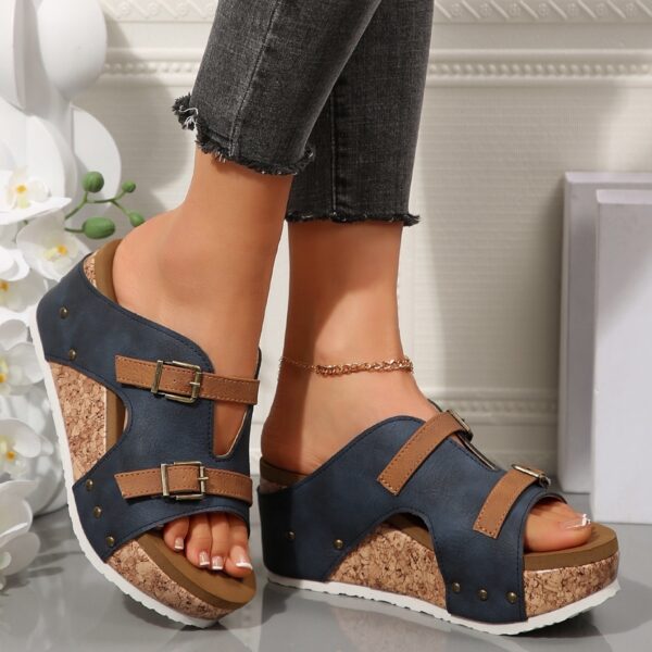 Ins Buckle Wedges Sandals Summer Fish Mouth Thick High Heel Slides Slippers Outdoor Fashion Beach Roman Shoes For Women - Image 6