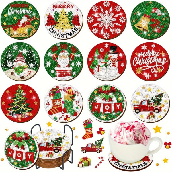 12 Pack Christmas Diamond Painting Coaster Kits with Holder - Round Diamond Art Coasters Set for DIY Craft, Plywood Material Featuring Santa, Snowman, Christmas Tree - Festive Themed Diamond Mosaic Coasters for Beginners