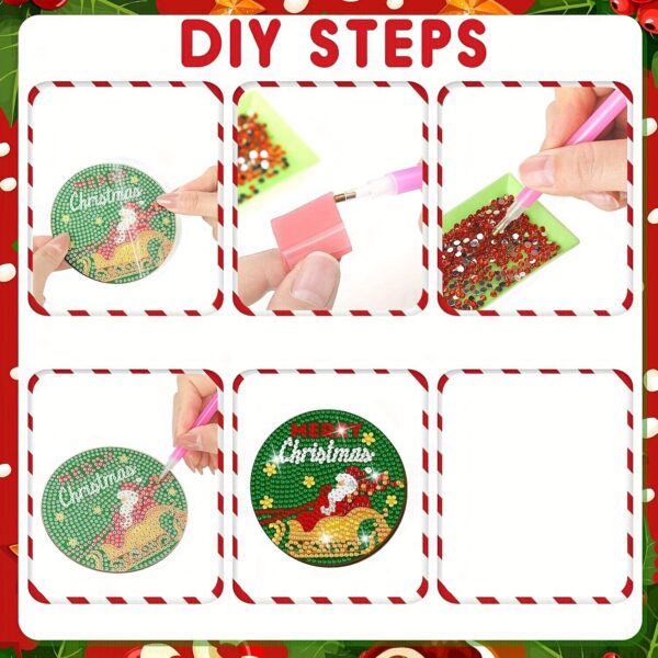 12 Pack Christmas Diamond Painting Coaster Kits with Holder - Round Diamond Art Coasters Set for DIY Craft, Plywood Material Featuring Santa, Snowman, Christmas Tree - Festive Themed Diamond Mosaic Coasters for Beginners - Image 5