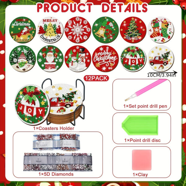 12 Pack Christmas Diamond Painting Coaster Kits with Holder - Round Diamond Art Coasters Set for DIY Craft, Plywood Material Featuring Santa, Snowman, Christmas Tree - Festive Themed Diamond Mosaic Coasters for Beginners - Image 2
