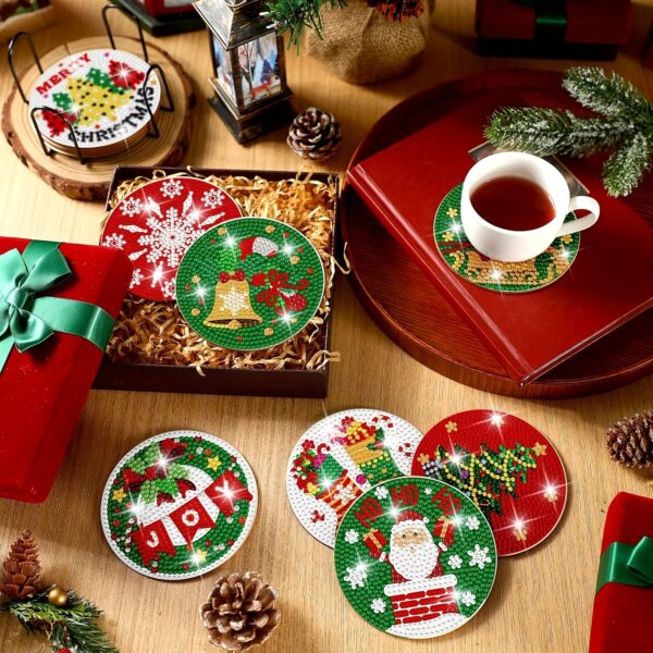 12 Pack Christmas Diamond Painting Coaster Kits with Holder - Round Diamond Art Coasters Set for DIY Craft, Plywood Material Featuring Santa, Snowman, Christmas Tree - Festive Themed Diamond Mosaic Coasters for Beginners - Image 3