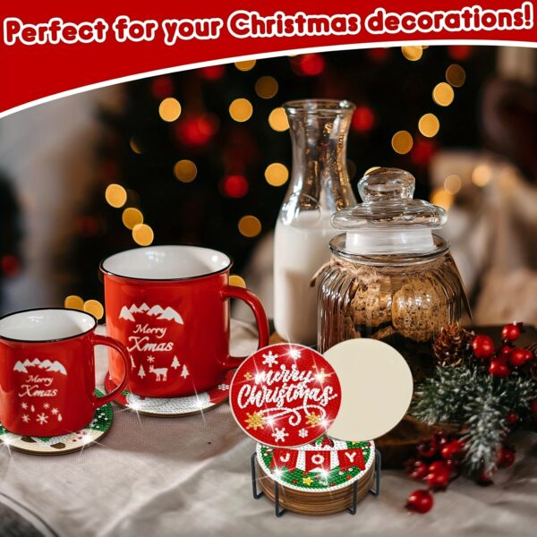 12 Pack Christmas Diamond Painting Coaster Kits with Holder - Round Diamond Art Coasters Set for DIY Craft, Plywood Material Featuring Santa, Snowman, Christmas Tree - Festive Themed Diamond Mosaic Coasters for Beginners - Image 4
